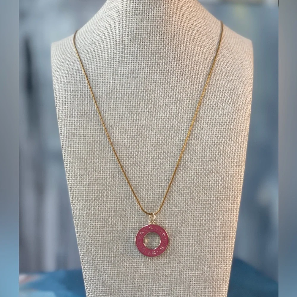 Pink Enamel Circle Pendant Necklace Gold Tone Chain 16” Chic